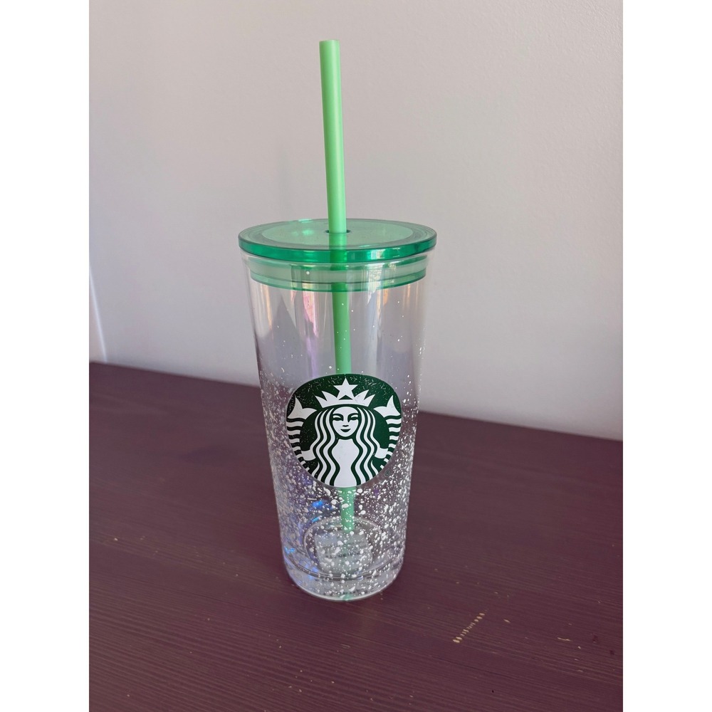 Starbucks Glass Tumbler Cold Cup 18oz Clear Green Holiday Iridescent Snow
